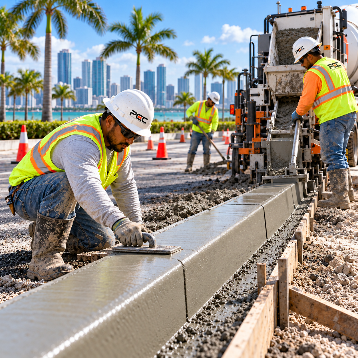 PEC excavator loading fill into a dump truck on a Miami-Dade site development project.